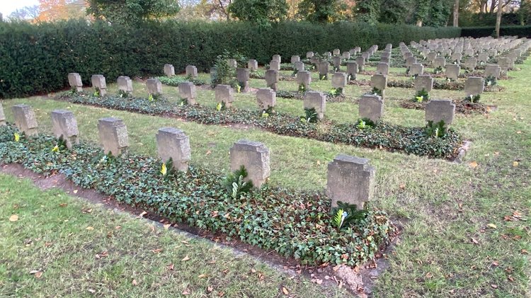Zu sehen sind die vielen Grabreihen. Vor jedem Grabstein befindet sich ein Gesteck. 